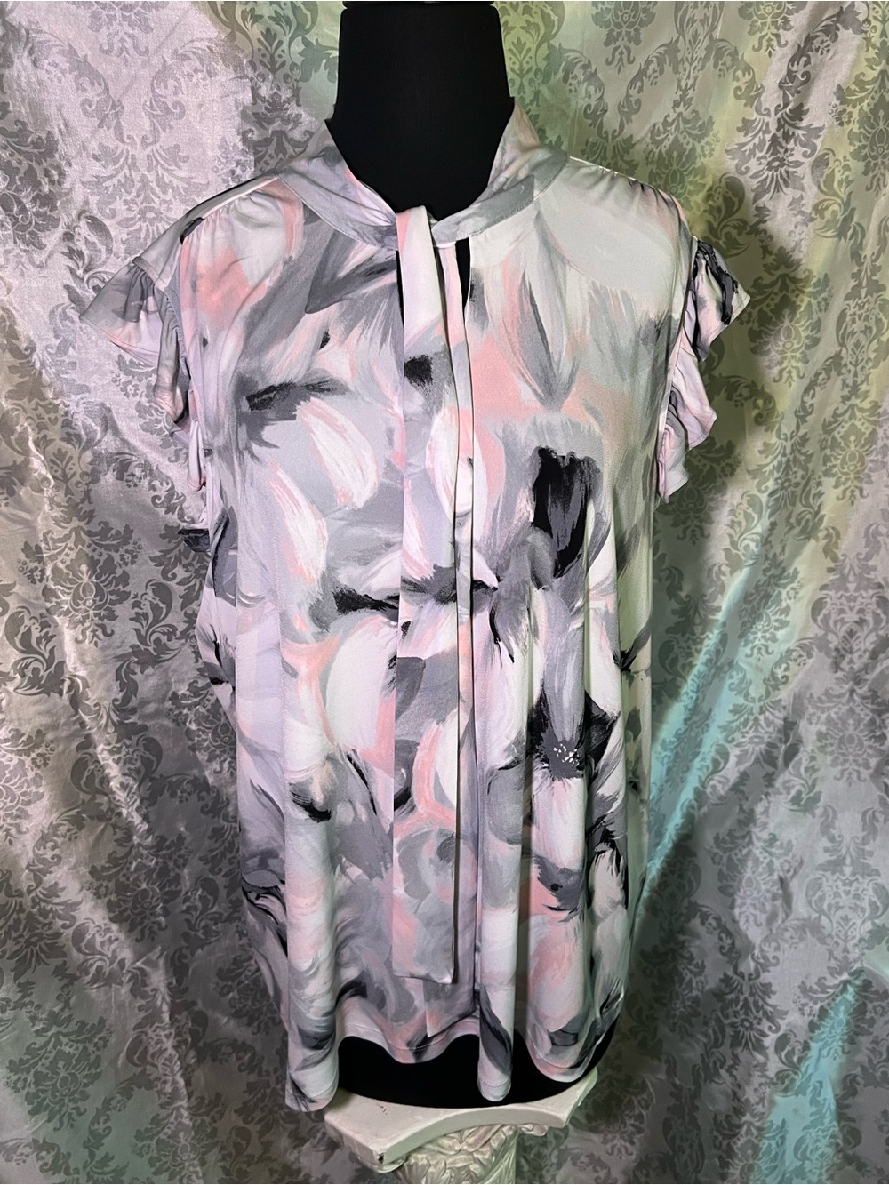 Calvin Klein Pink & Gray Floral Tie-Neck Blouse